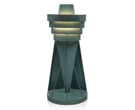 A modernist desk lamp in the manner of Kurt Versen,c.1940/50,In green enamelled steel, the graduated louvered shade with tape