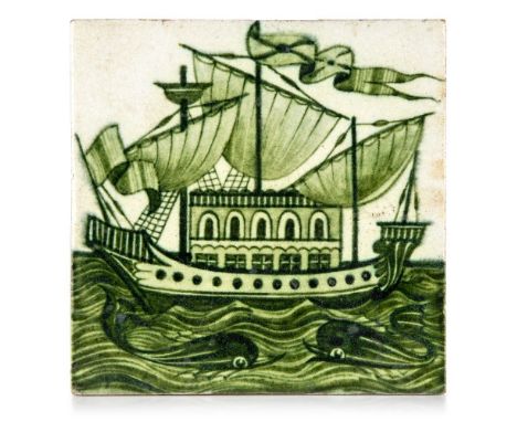 William De Morgan (British 1839-1917), a hand painted six-inch 'Galleon' tile, Late Fulham period 1898-1907, impressed DM 98 