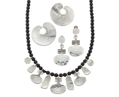 Mark of A.V., a silver and black glass bead necklace with two pairs of earrings,Each with A.V maker's mark, London hallmarks,