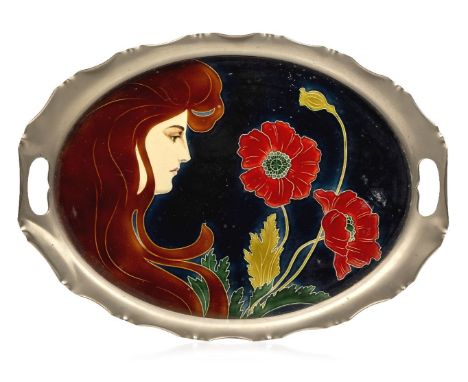 Carl Sigmund Luber (German 1896-1934), a Johann von Schwarz ceramic Art Nouveau tray with metal mounts, c.1900, impressed R, 