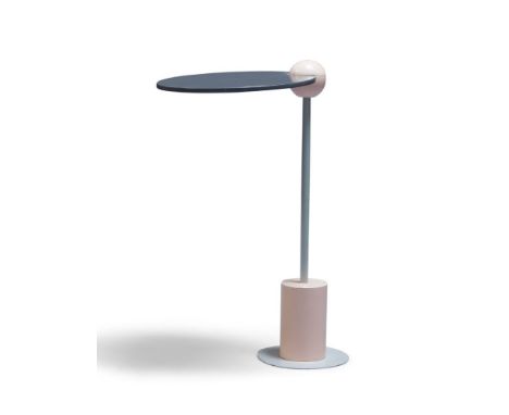 A 'Memphis' style side table, c.1980, With circular grey lacquered wood top on grey, pink and light grey powder coated metal 