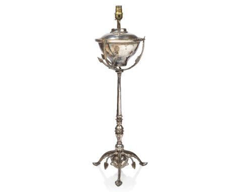 W.A.S Benson (British 1854-1924), a silvered brass table lamp converted from an oil lamp, Late 19th / Early 20th Century, Sta
