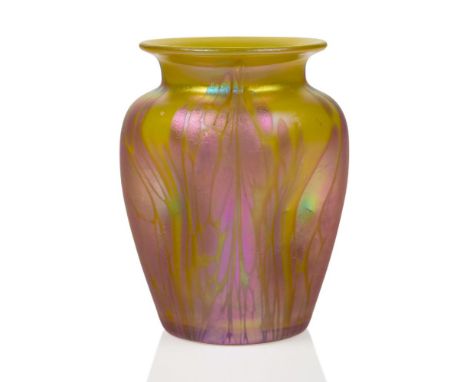 Loetz (Austrian), an iridescent Medici decorated glass vase on a yellow ground,c.1902, ground out pontil,Having dimpled sides