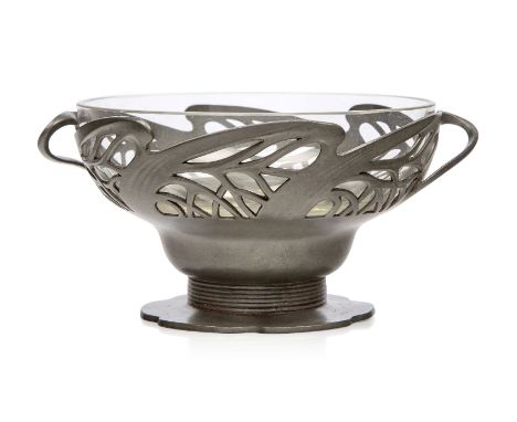 Orivit (German), an Art Nouveau pewter twin-handled bowl with original glass liner,Stamped 'Orivit 2325',The pierced pewter w