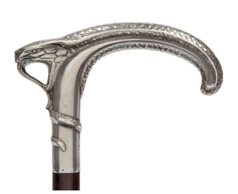 A French Art Nouveau silver Serpent head and Malacca cane,c.1900, boars head shaped French poincon for 800 standard, and make