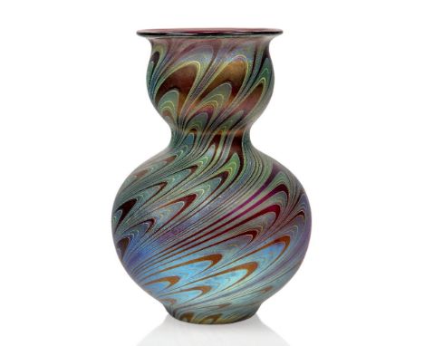 Loetz (Austrian), an iridescent Rubin Phaenomen double-gourd glass vase, 1899, PG 7624, ground out pontil,Red glass body, dec