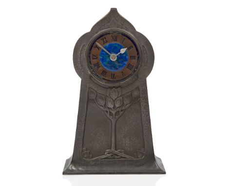 Liberty & Co (British Est.1875), a pewter and enamel clock designed by David Veazey,c.1905, Stamped 'English Pewter, Made by 