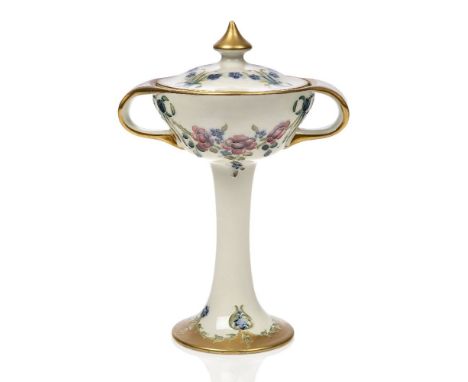 William Moorcroft (British 1872-1945), a Macintyre ‘Eighteenth century Pattern’ ceramic stemmed cup and cover,c.1908, printed
