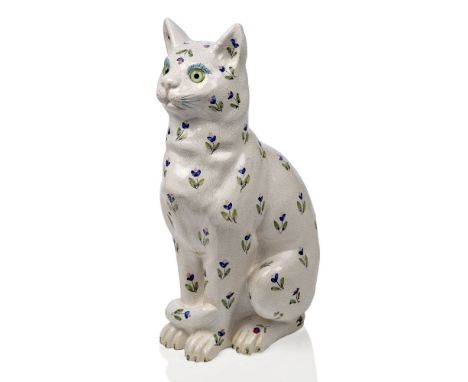 A faience model of a cat in the style of Gallé, probably French,Mid-20th Century, indistinct pottery mark underside of one pa