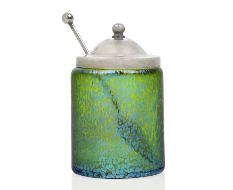 Loetz (Austrian), an iridescent Creta Papillon glass preserve pot with electroplated cover and spoon,c.1900, cover stamped EP