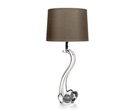 A contemporary clear glass table lamp,c.2010,With curved and tapered stem on lobed dish base, 37.5cm highPlease refer to depa