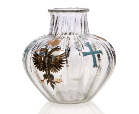 Daum (French Est.1879), an enamelled 'Imperial Russian Commemorative' clear glass vase,Engraved Daum Nancy with Cross of Lorr