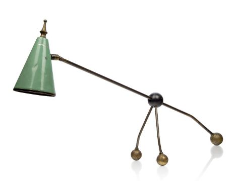 An Italian tripod desk lamp, c.1950,The conical green enamelled and adjustable shade, on brass support with adjustable tripod