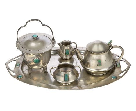 Connells (British), an Arts and Crafts Pewter tea set with inset ceramic plaques, c.1900, stamped makers marks,Comprising: a 