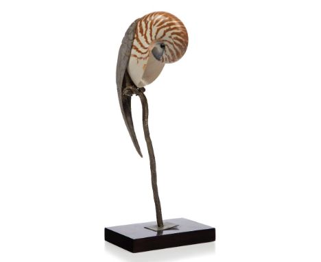 Gabriella Binazzi, (Italian), a white metal parrot with a nautilus shell head, c.1960, marks to base ‘Binazzi Firenze’, Model