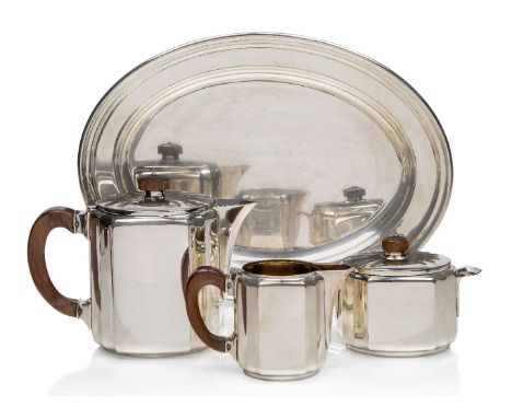 Christofle (French Est.1830), a Gallia metal Art Deco three piece coffee set with an associated tray by Viners of Sheffield,M