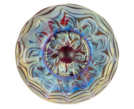 Loetz (Austrian), an iridescent Rubin Phaenomen glass saucer, c.1900, PG 7966, ground out pontil, The ruby glass covered with