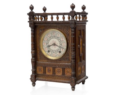 Elkington & Co, an oak cased mantle clock the design after or possibly by Lewis F Day, c.1880, dial engraved 'Elkington & Co 