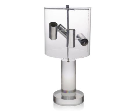 A Perspex and chromed four light lamp, c.1970, The cylindrical Perspex shade, with four internal chromed lights on cylindrica