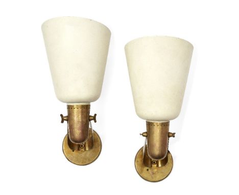 Gino Sarfatti (Italian 1912-1985), a pair of ‘Model 121’ brass and painted aluminium wall lights, Designed in 1946 and produc