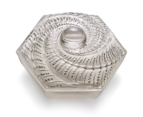 René Lalique (French 1860-1945), a clear and frosted 'Saint-Nectaire' No.76 small glass box and cover with traces of green st