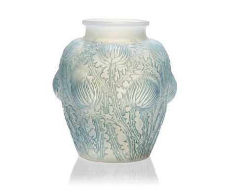 René Lalique (French 1860-1945), a cased opalescent and blue stained 'Donremy' vase,Designed 1926, engraved signature 'R. Lal