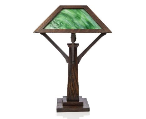 An Arts & Crafts 'Mission Style' oak and marbled glass table lamp, probably American,c.1920,Stained oak frame supporting four
