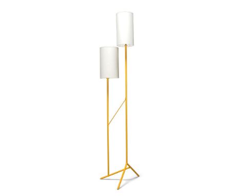A French two light floor lamp after a design by Mathieu Mategot,Second half 20th Century,with two cylindrical shades on yello