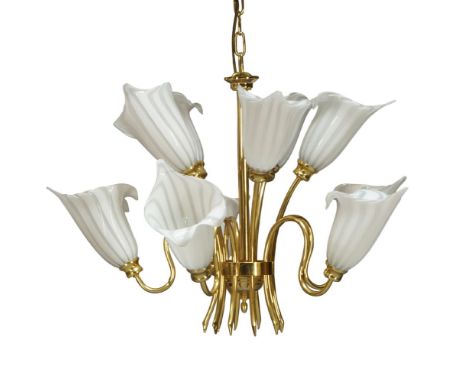 An Italian Murano glass and brass ten light chandelier,c.1970/80,With two tiers of curved brass arms terminating in white and