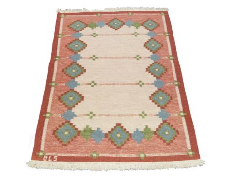 A Swedish flatweave wool kilim,c.1960/70, signed in the weave - 'BLS',The light pink field with green, blue and claret geomet