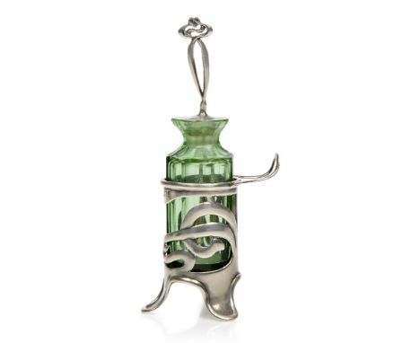 An Art Nouveau silver and glass cayenne pepper pot with spoon,Mark of Levi & Salaman, Birmingham 1903,The silver mount with o