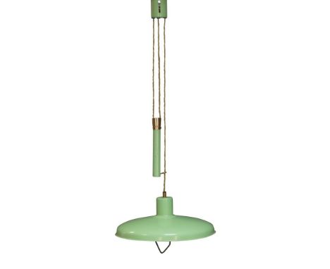 A French green enamelled aluminium ceiling light, c.1950,The adjustable ceiling light, with domed shade and counterweight, to