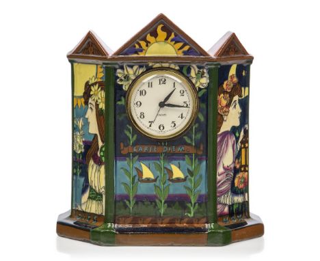 Frederick Rhead (British), a Foley Intarsio 'Night and Day' Earthenware Mantel clock,c.1897-1900, blurred printed pottery mar