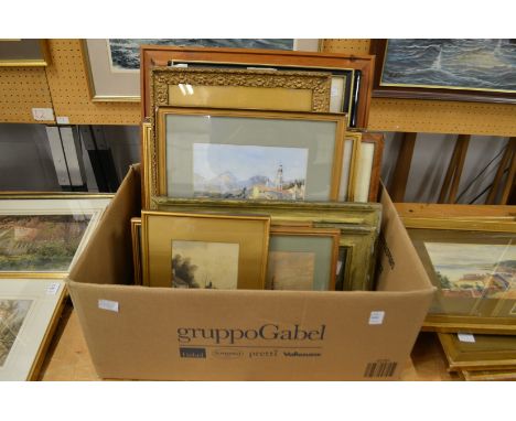 A box of various pictures to include watercolours, prints and engravings.