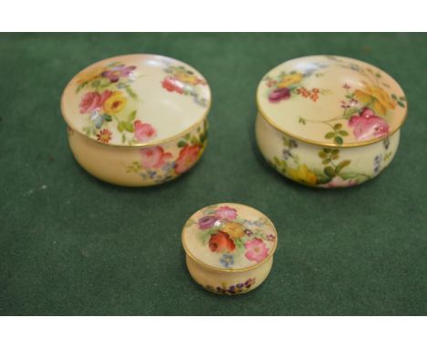 Three small Worcester blush ivory pots and covers.