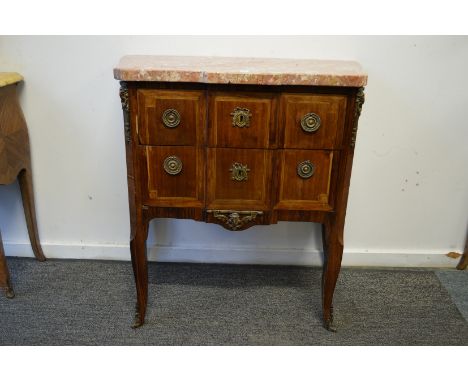 A French walnut and marble topped two drawer commode.