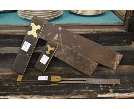 Three brass bound ebony handled wood working tools.