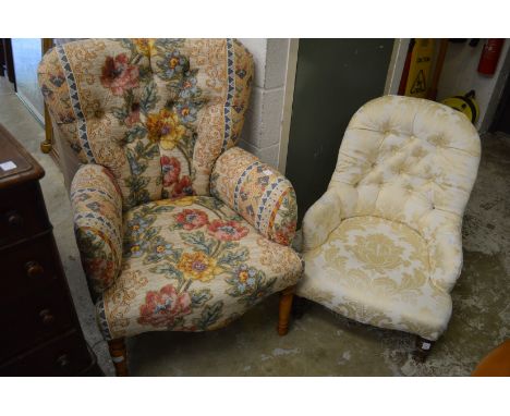 A small Victorian button upholstered armchair and another armchair.
