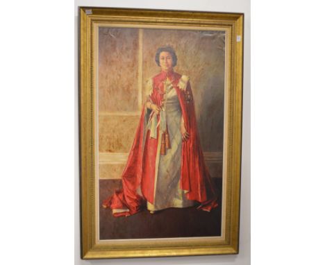 A large full length portrait of Her Majesty Queen Elizabeth II oleograph, in a decorative gilt frame.