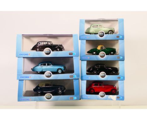 Oxford - A group of cars in 1:43 scale including Jaguar SS 2.5 Saloon, Healey Tickford, Jowett Jupiter, Sunbeam Talbot 90, Ja