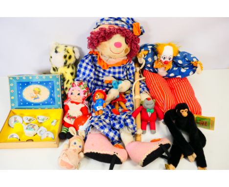 Soft Toys, Tea set - A collection of soft toys, some vintage, to include: A boxed ceramic two person toy tea set marked "Fore