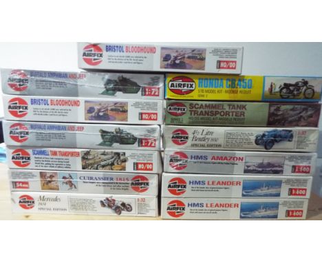 Airfix - 13 boxed 1/72 and 1:600 scale model kits, naval ships, military models, and other, predominantly in original factory