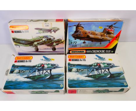 Matchbox - Four plastic 1:72 plastic military aircraft model kits in 1:72 scale. Lot consists of  Matchbox PK-403 Heinkel He1