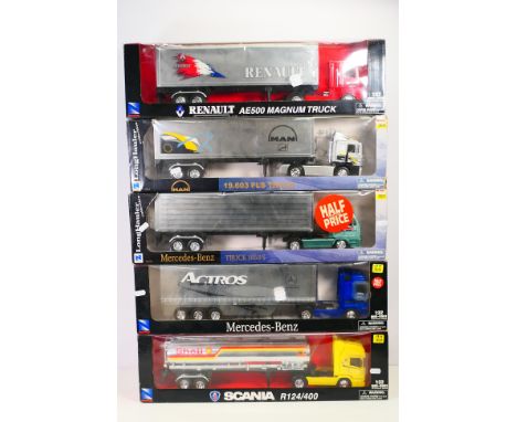 NewRay - Five off 1/32 scale model long haulage trucks comprising Renault AE500 Magnum, Mercedes Benz Actros, Mercedes Benz 1