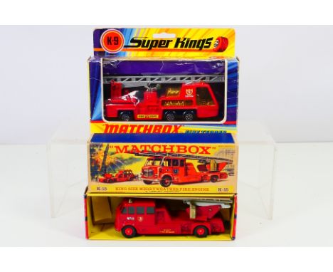 Matchbox - 2 x boxed Fire Engine models, a King Size Merryweather # K-15 and a Super Kings Denver Fire Dept Tender # K-9. The
