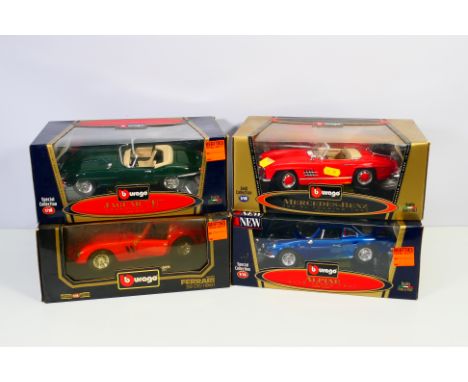 Burago - four 1/18 scale models comprising Jaguar E type (1961) # 3016, Mercedes Benz (1957) # 3343, Alpine A110 (1971) # 300
