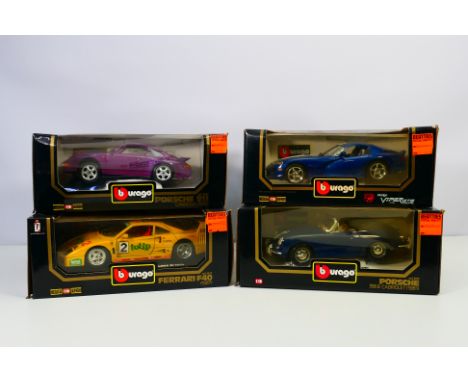 Burago - four 1/18 scale models comprising Porsche Cabriolet (1961) # 3051, Ferrari F40 (1987) # 3022, Dodge Viper (1996) # 3