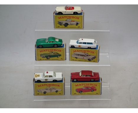 Matchbox - Lesney - 5 x boxed cars, Rolls Royce Silver Shadow # 24, Mercedes Benz 230 SL # 27, Cadillac Ambulance # 54, Ford 