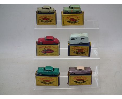Matchbox - Lesney - 6 x boxed vehicles, Cadillac Sixty Special # 27, Ford Zodiac # 33, Jaguar 3.8 # 65, Ford Prefect # 30, Be