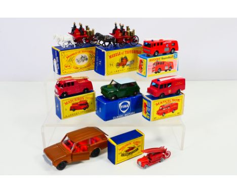 Matchbox - Corgi - Dinky - A group of vehicles including Land Rover Fire Truck # 57, Merryweather Fire Engine # 35, Shand Mas